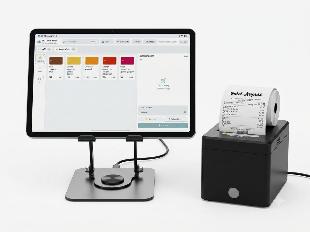 KOTMate POS running on a counter tablet, wired to a thermal bill printer