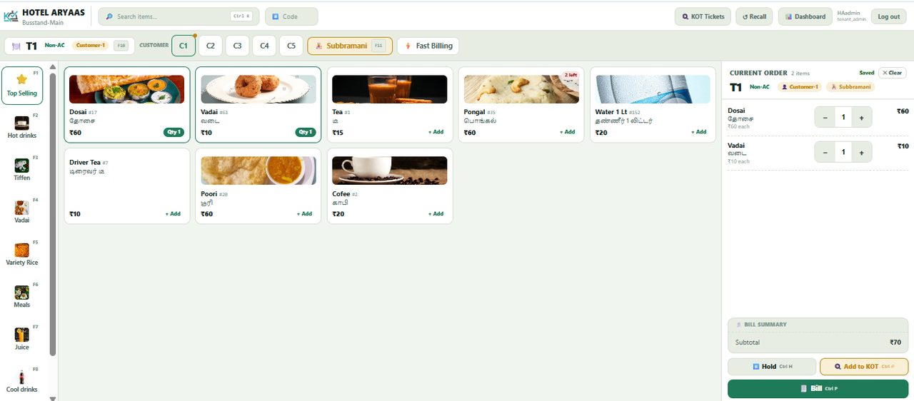 KOTMate default POS billing screen with item grid, cart and customer selector