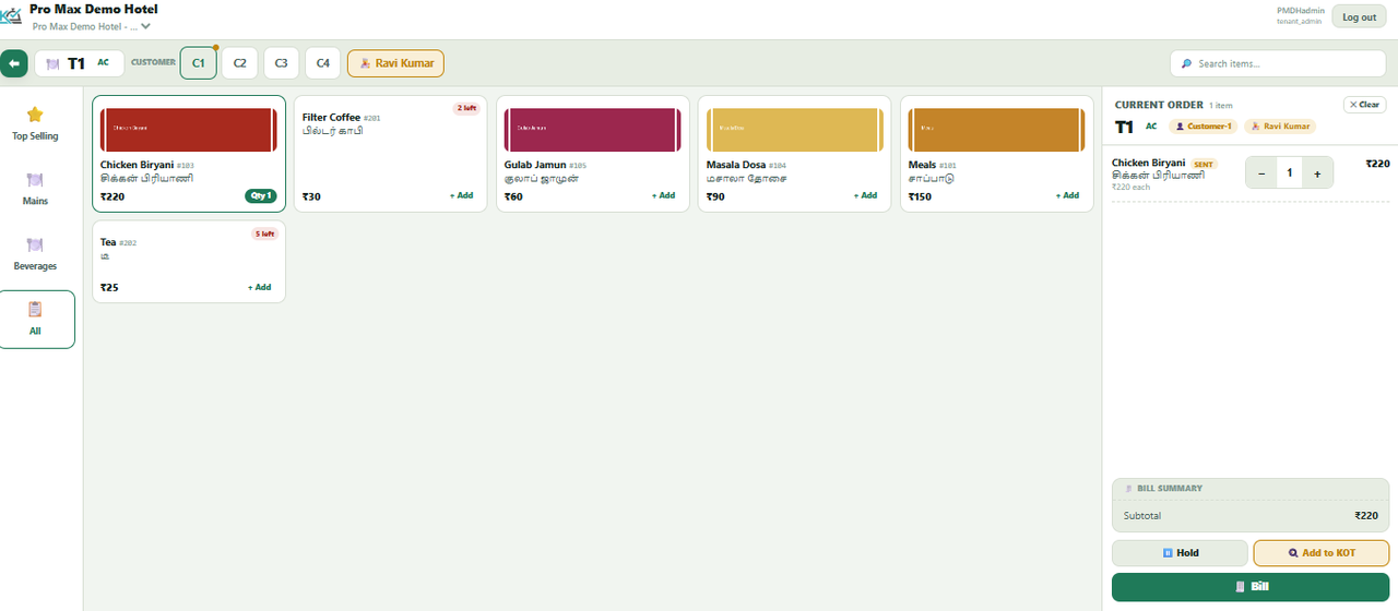 KOTMate Guided POS layout showing an item and cart screen for a selected table
