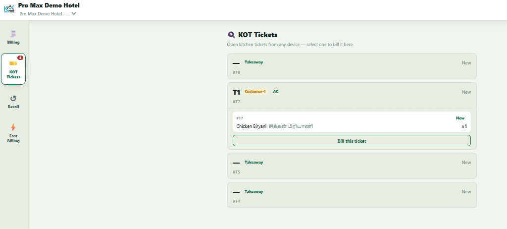 KOTMate KOT Tickets list showing open kitchen tickets across a location